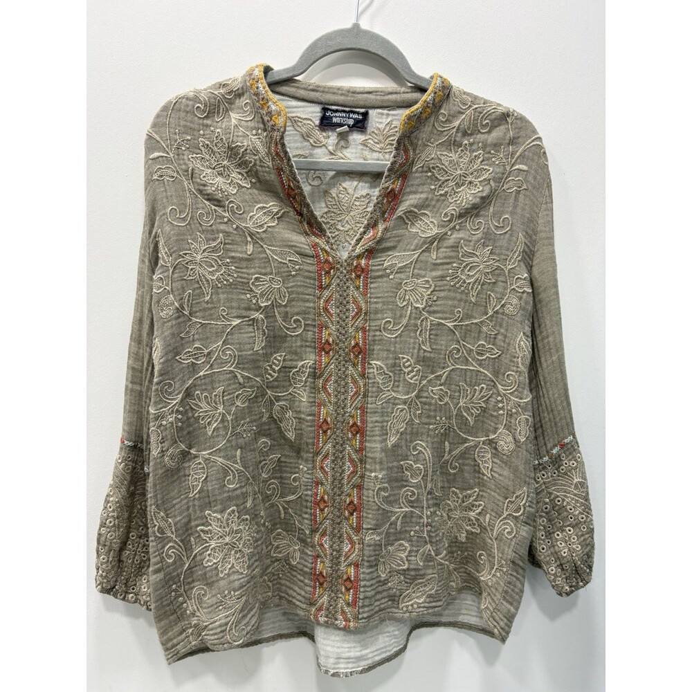 Johnny Was Workshop V Neck Top Gray Orange Yellow Size XS Embroidered Boho